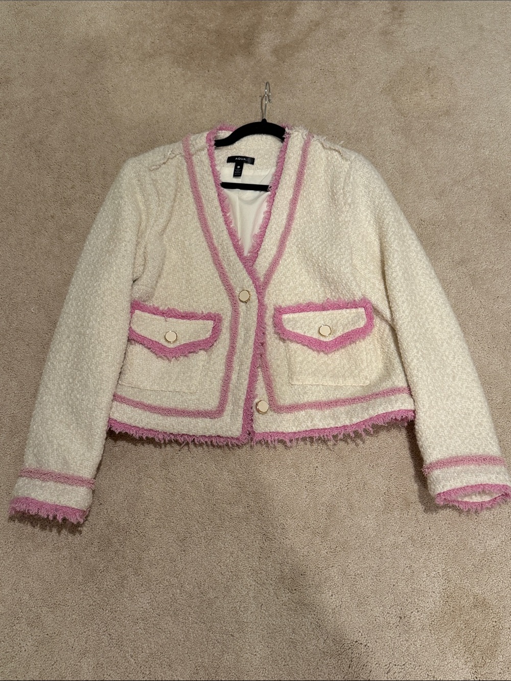 Aqua Cream Bouclé Blazer with Pink Trim